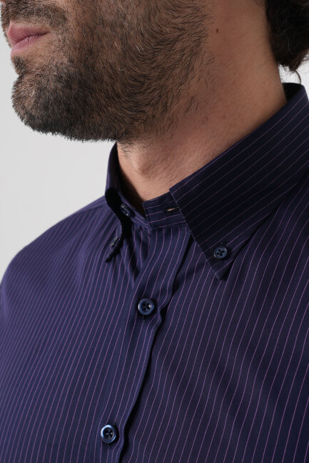 Regular Fit Erkek Uzun Kol Cepsiz Pamuk Lacivert Gömlek - 6