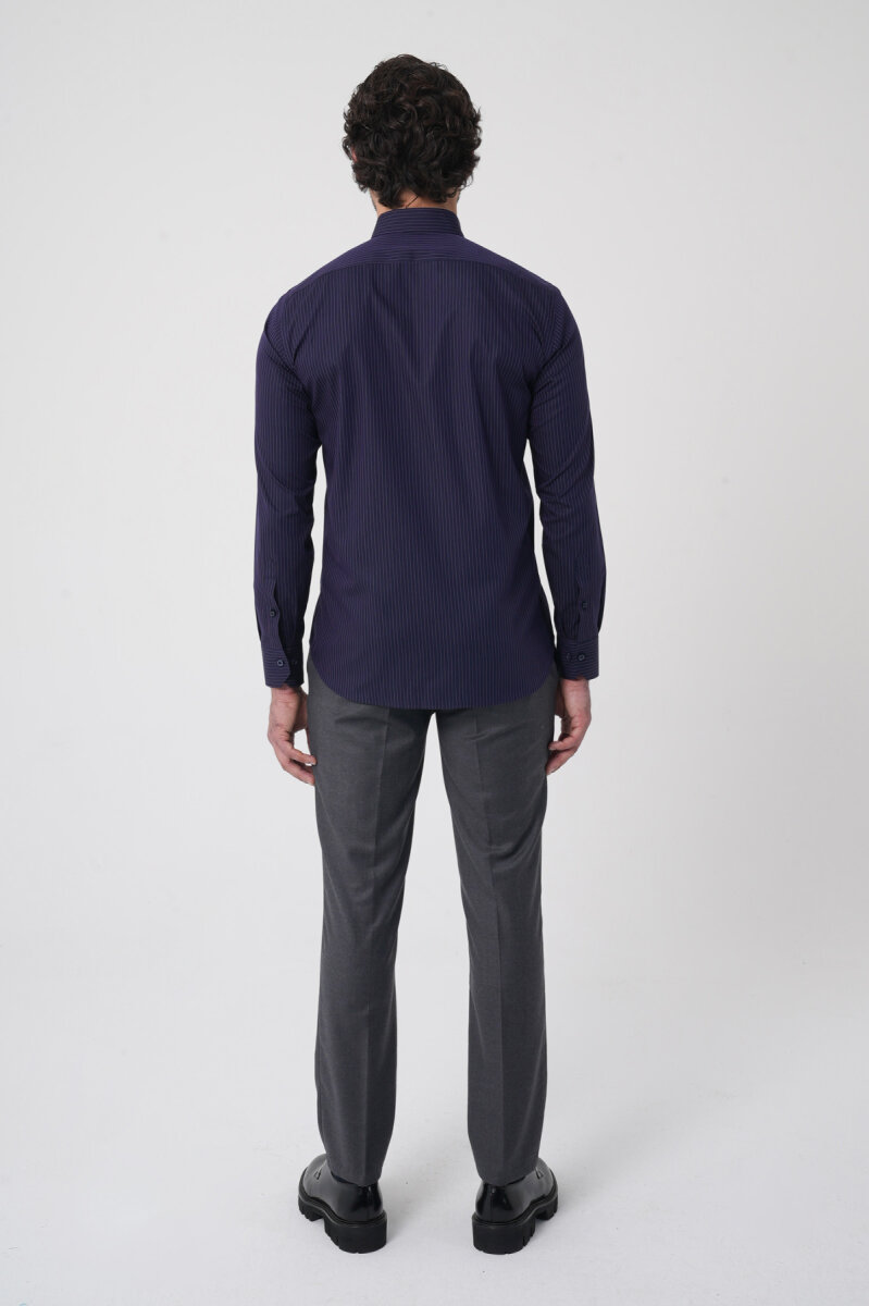 Regular Fit Erkek Uzun Kol Cepsiz Pamuk Lacivert Gömlek - 5