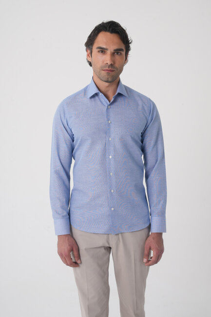 Regular Fit Erkek Uzun Kol Cepsiz Pamuk Mavi Gömlek - 1