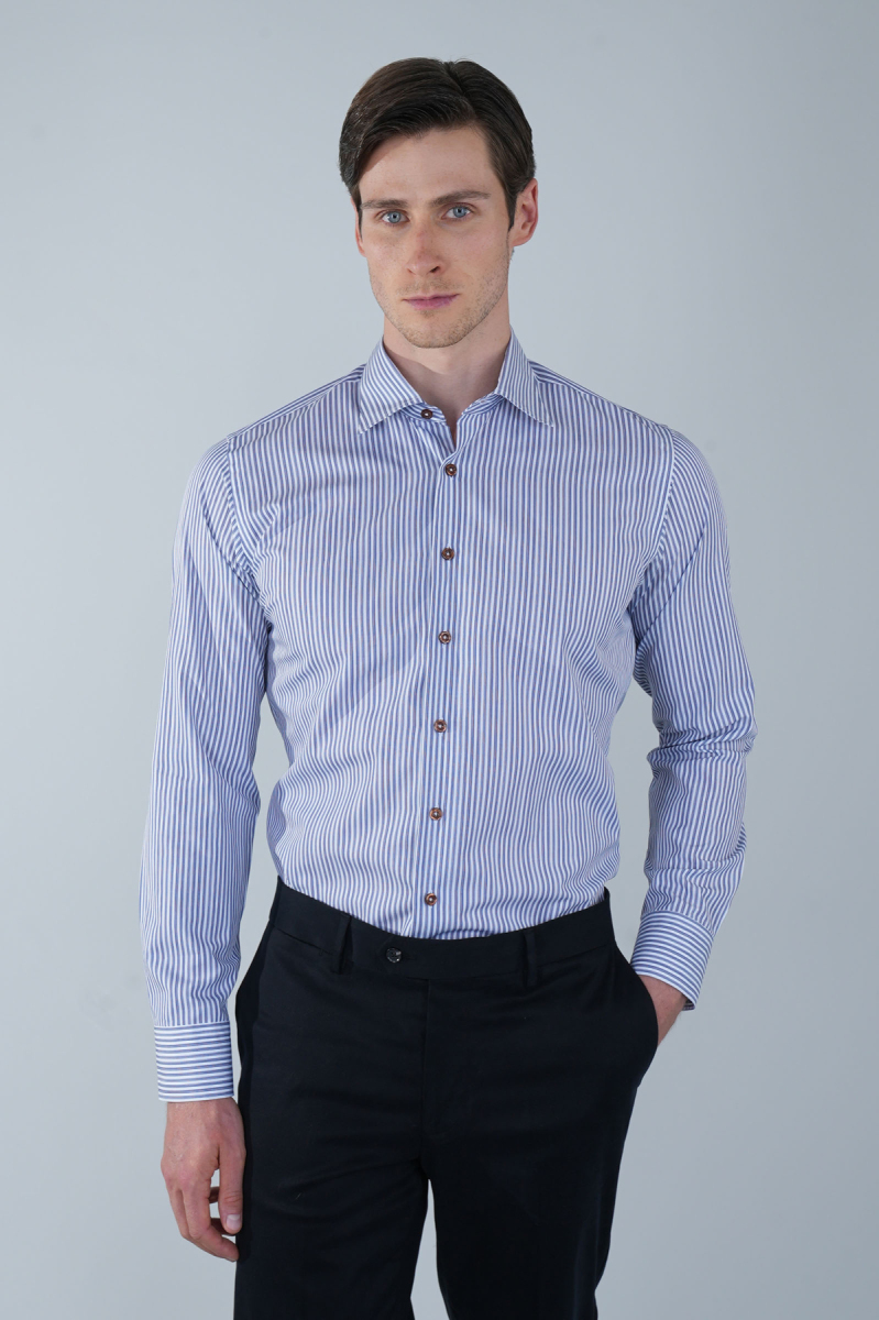 Regular Fit Erkek Uzun Kol Klasik Yaka Cepsiz Pamuk Lacivert Gömlek - 1