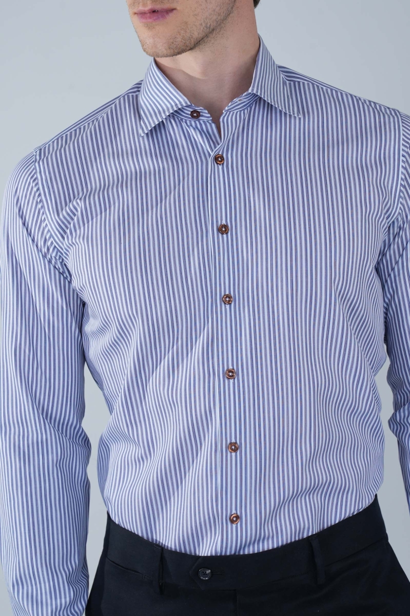 Regular Fit Erkek Uzun Kol Klasik Yaka Cepsiz Pamuk Lacivert Gömlek - 3