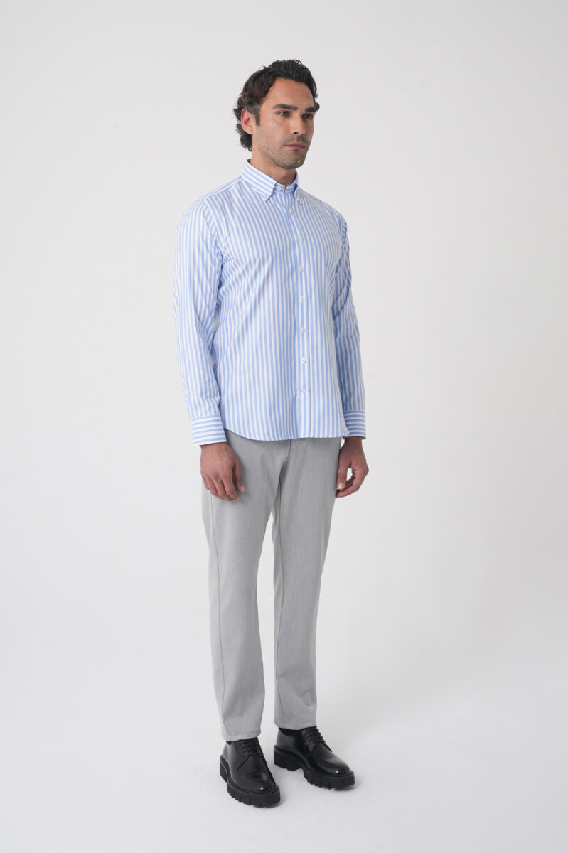 Regular Fit Erkek Uzun Kol Pamuk Mavi Gömlek - 3