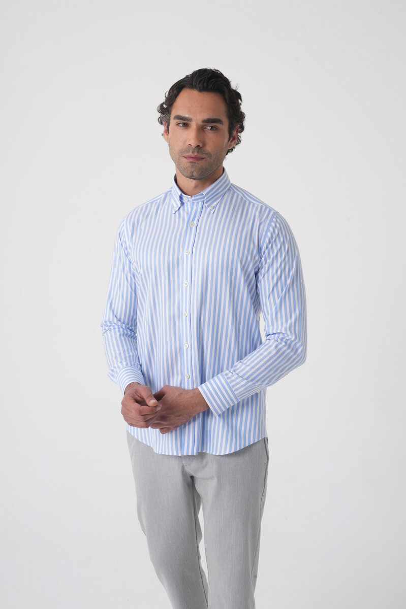 Regular Fit Erkek Uzun Kol Pamuk Mavi Gömlek - 4