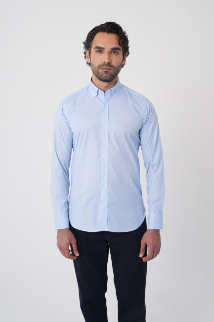 Regular Fit Erkek Uzun Kol Paşa Yaka Cepsiz Pamuk Mavi Gömlek - 1