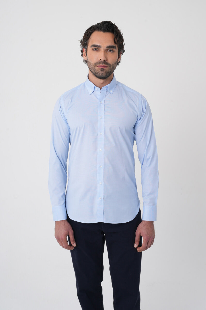 Regular Fit Erkek Uzun Kol Paşa Yaka Cepsiz Pamuk Mavi Gömlek