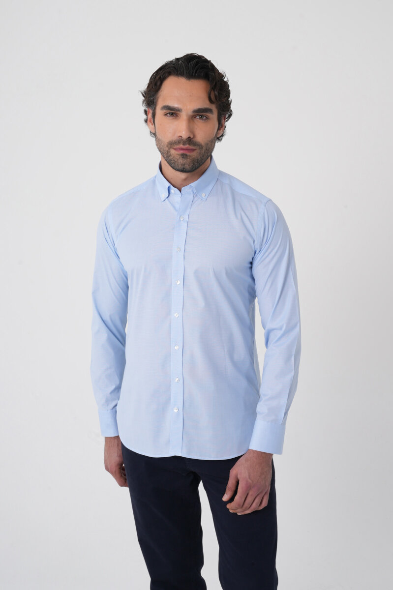 Regular Fit Erkek Uzun Kol Paşa Yaka Cepsiz Pamuk Mavi Gömlek (1)