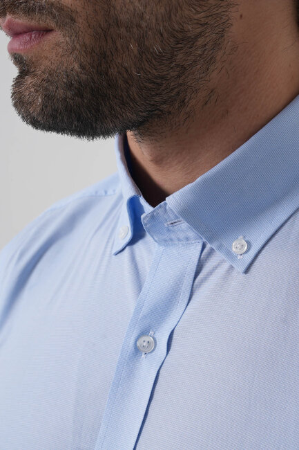 Regular Fit Erkek Uzun Kol Paşa Yaka Cepsiz Pamuk Mavi Gömlek - 5