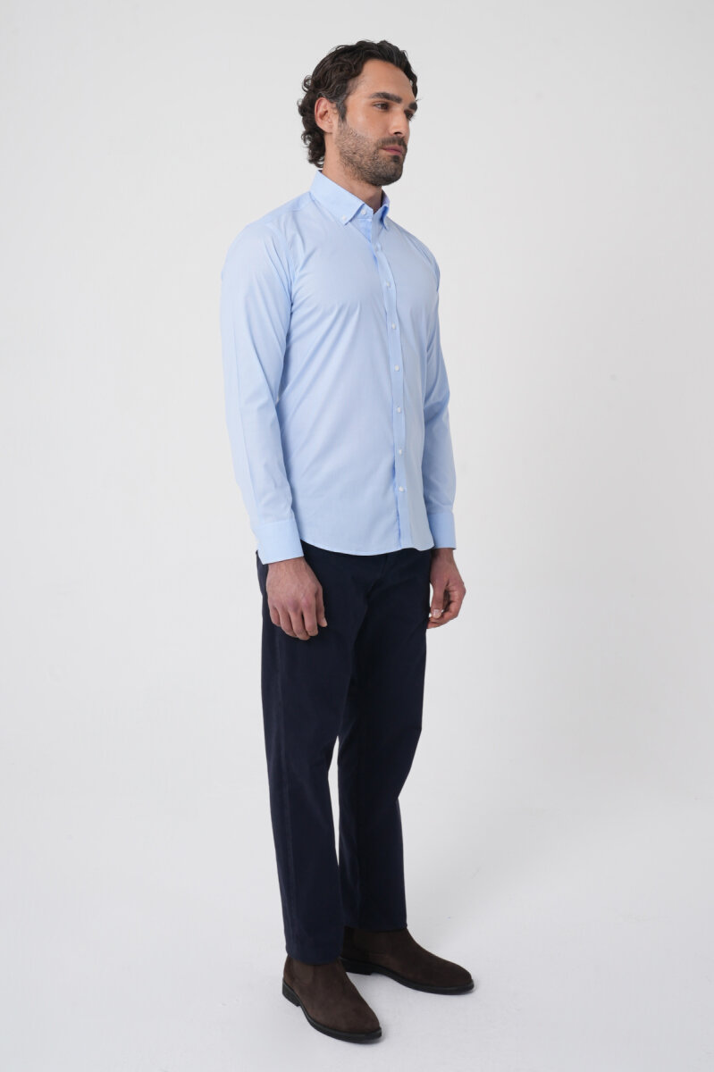 Regular Fit Erkek Uzun Kol Paşa Yaka Cepsiz Pamuk Mavi Gömlek - 6