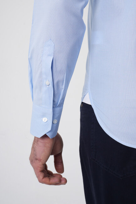 Regular Fit Erkek Uzun Kol Paşa Yaka Cepsiz Pamuk Mavi Gömlek - 9