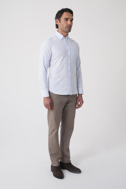 Regular Fit Erkek Uzun Kol Tek Cep Pamuk Mavi Gömlek - 4