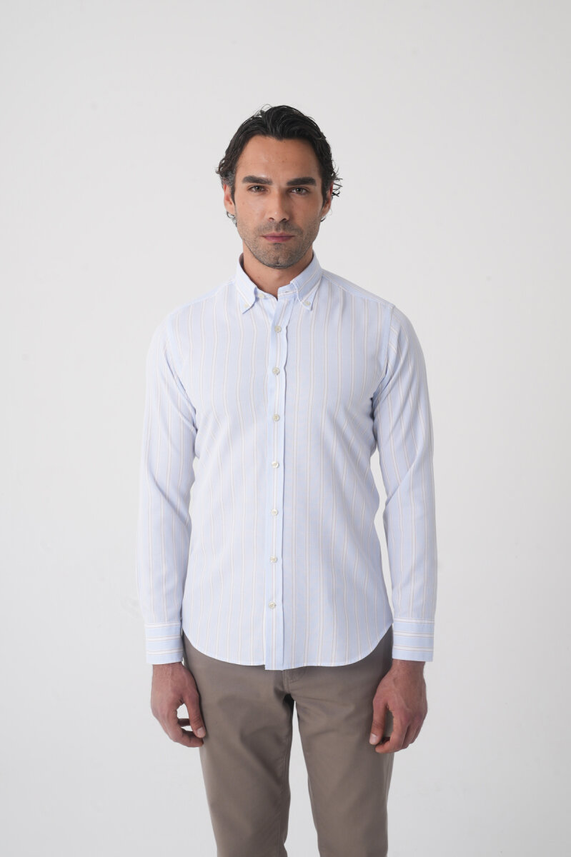 Regular Fit Erkek Uzun Kol Tek Cep Pamuk Mavi Gömlek