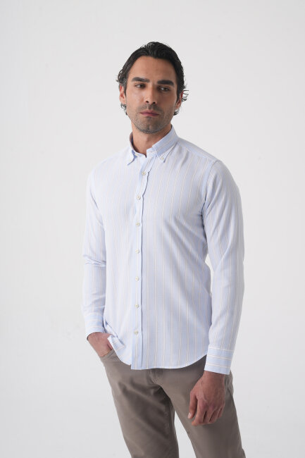 Regular Fit Erkek Uzun Kol Tek Cep Pamuk Mavi Gömlek (1)