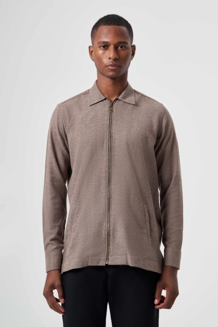 Regular Fit Zippered Brown Men's Shirt - 1