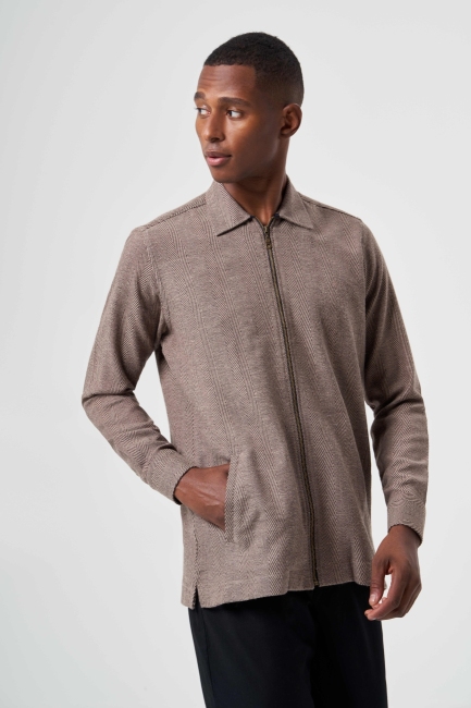 Regular Fit Zippered Brown Men's Shirt - 5