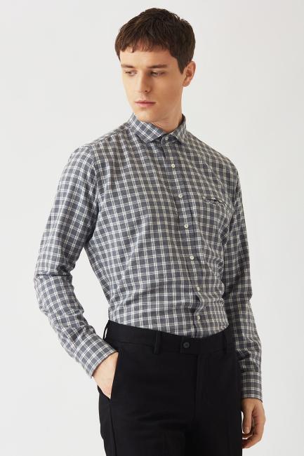 Regular Fit Gri Cep Detaylı Spor Erkek Gömlek 