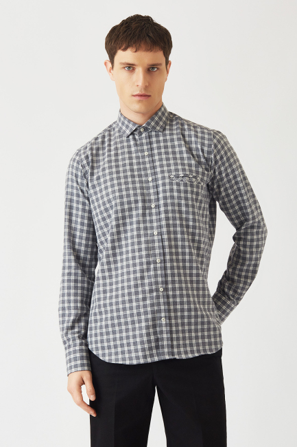 Regular Fit Gri Cep Detaylı Spor Erkek Gömlek - 4