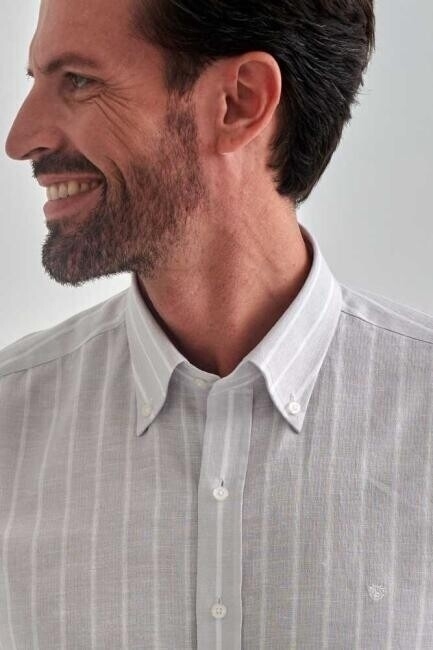 Regular Fit Gri Çizgili Düğmeli Yaka Spor Erkek Gömlek - 3