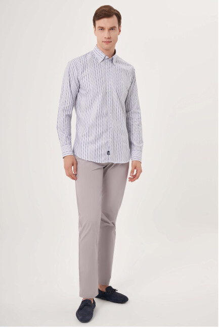 Regular Fit Gri Çizgili Spor Erkek Gömlek - 3