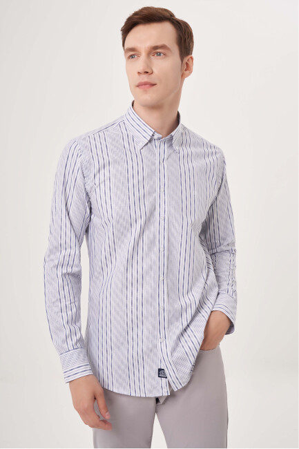 Regular Fit Gri Çizgili Spor Erkek Gömlek - 4