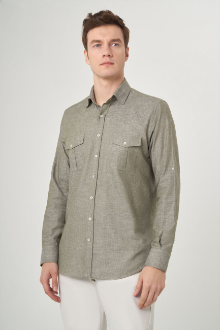Regular Fit Haki Pamuklu Paşa Yaka Spor Erkek Gömlek 