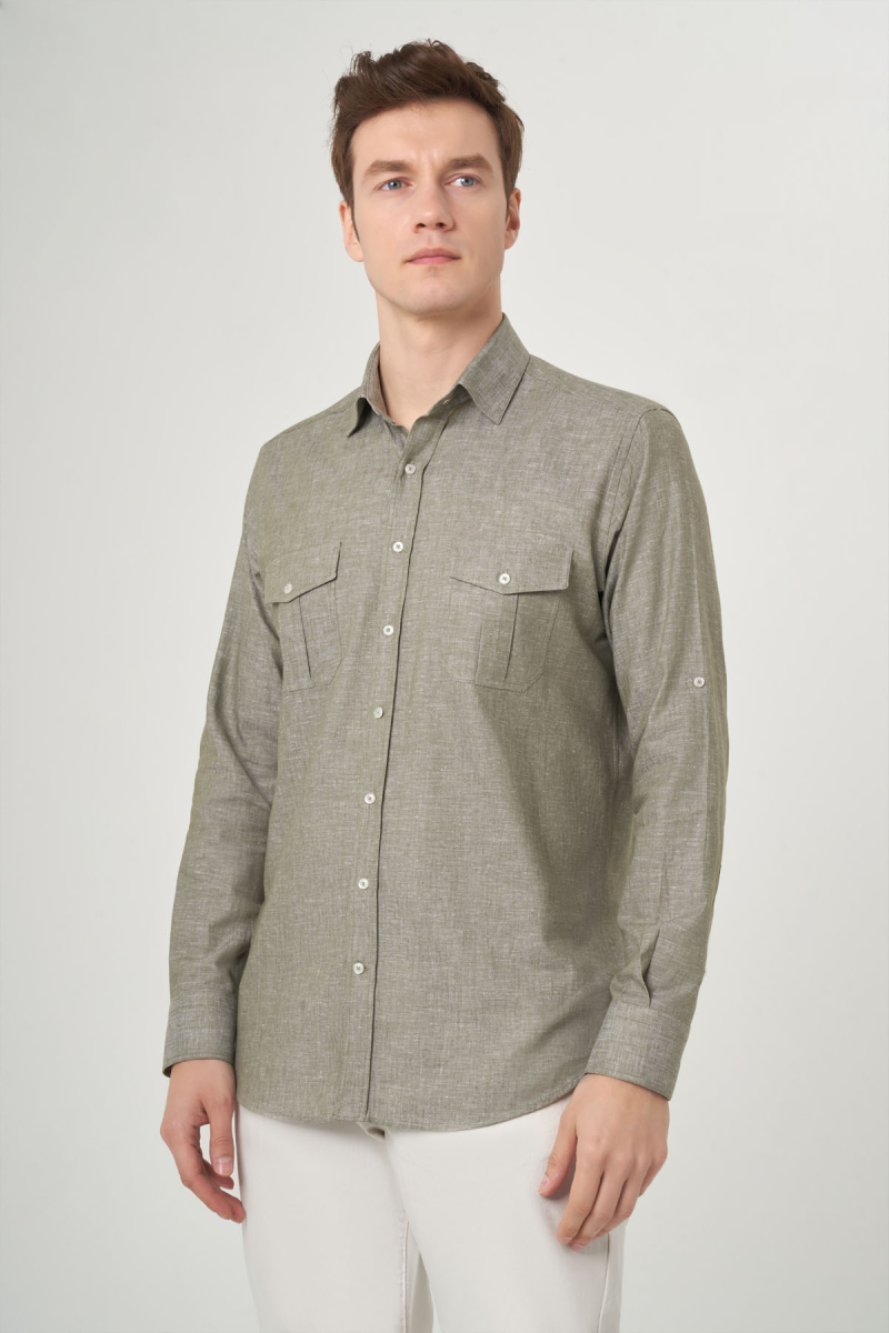 Regular Fit Haki Pamuklu Paşa Yaka Spor Erkek Gömlek