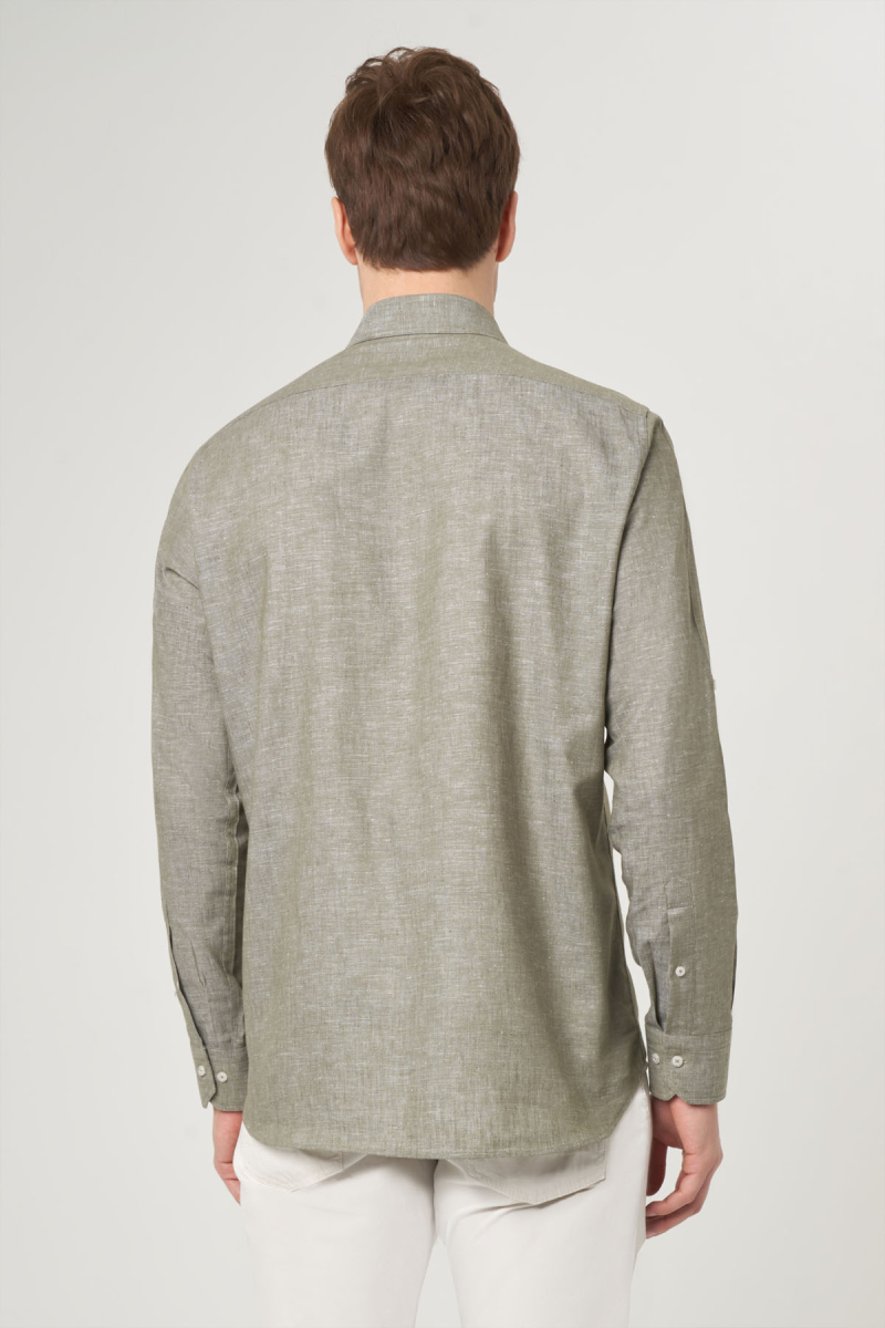Regular Fit Haki Pamuklu Paşa Yaka Spor Erkek Gömlek (1)