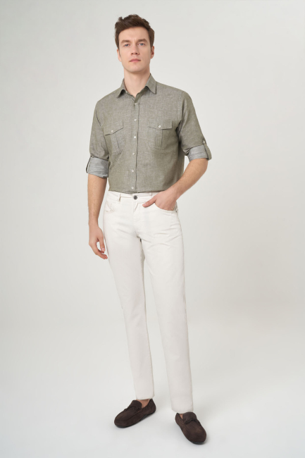 Regular Fit Haki Pamuklu Paşa Yaka Spor Erkek Gömlek - 5