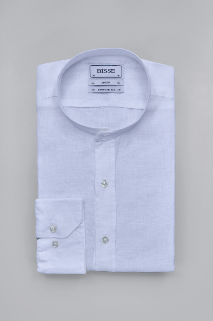 Regular Fit Hakim Yaka Beyaz Keten Erkek Gömlek - 3