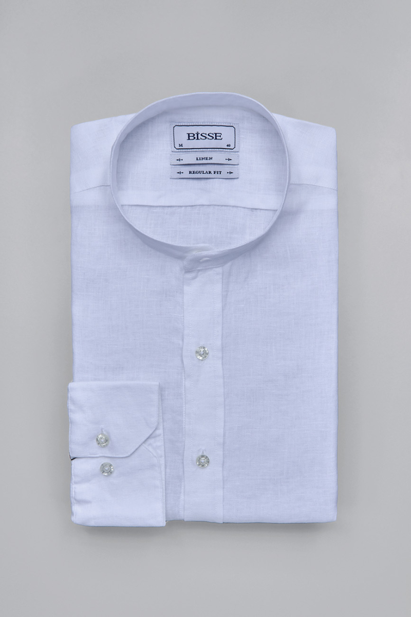 Regular Fit Hakim Yaka Beyaz Keten Erkek Gömlek - 3