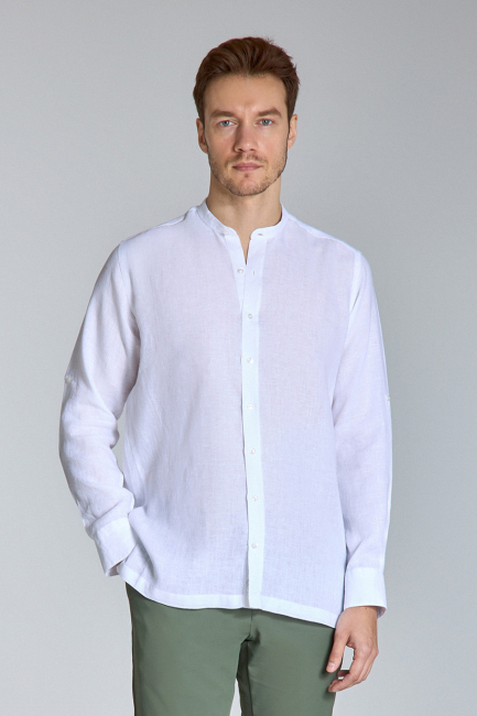 Regular Fit Hakim Yaka Beyaz Keten Erkek Gömlek