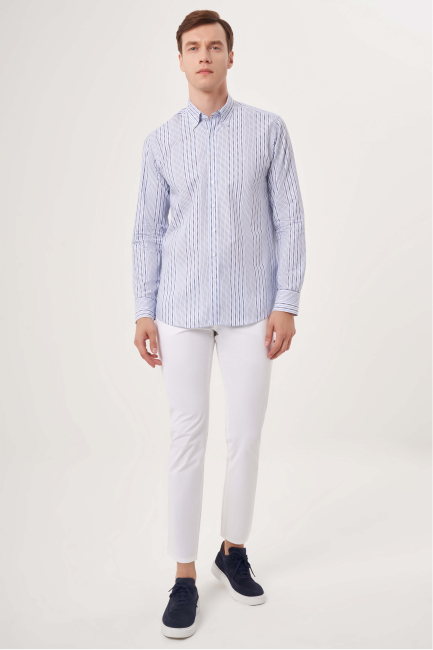 Regular Fit İnce Çizgili Mavi Spor Erkek Gömlek - 4