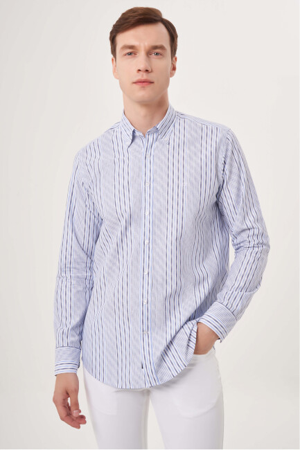 Regular Fit İnce Çizgili Mavi Spor Erkek Gömlek - 1