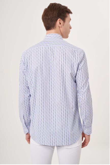 Regular Fit İnce Çizgili Mavi Spor Erkek Gömlek (1)