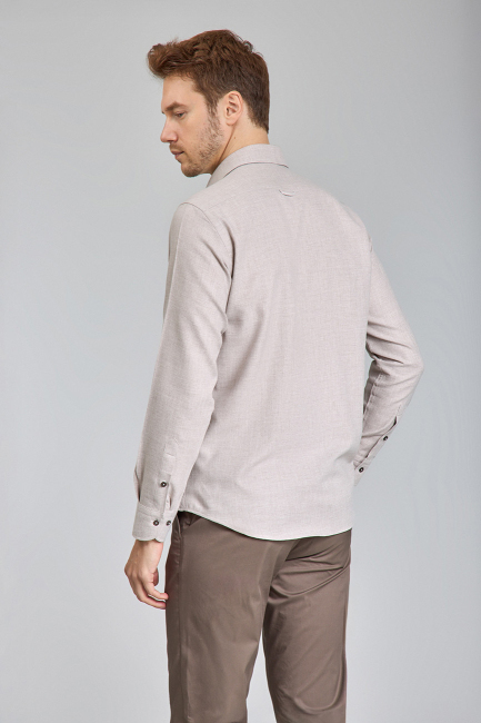 Regular Fit İtalyan Yaka Bej Pamuk Erkek Gömlek - 6