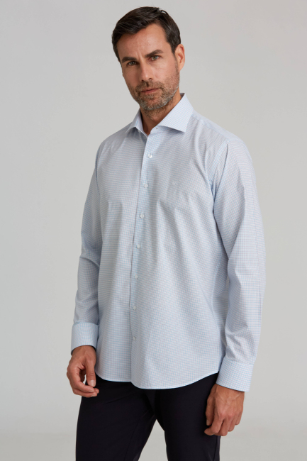 Regular Fit İtalyan Yaka Kareli Mavi Erkek Gömlek - 4