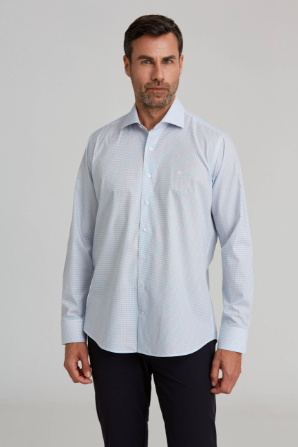 Regular Fit İtalyan Yaka Kareli Mavi Erkek Gömlek - 1