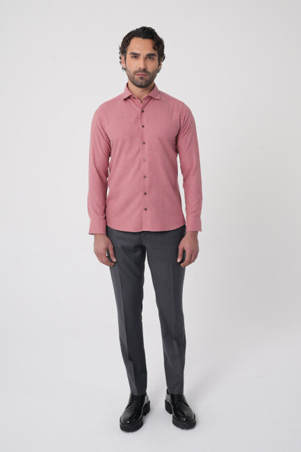Regular Fit İtalyan Yaka Pamuk Kiremit Erkek Gömlek - 3