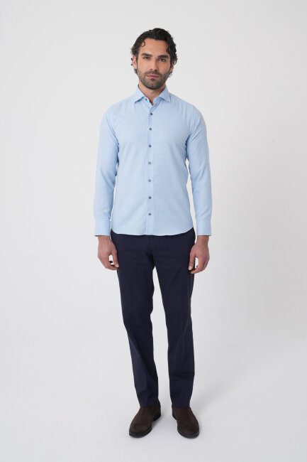 Regular Fit İtalyan Yaka Pamuk Mavi Erkek Gömlek - 3