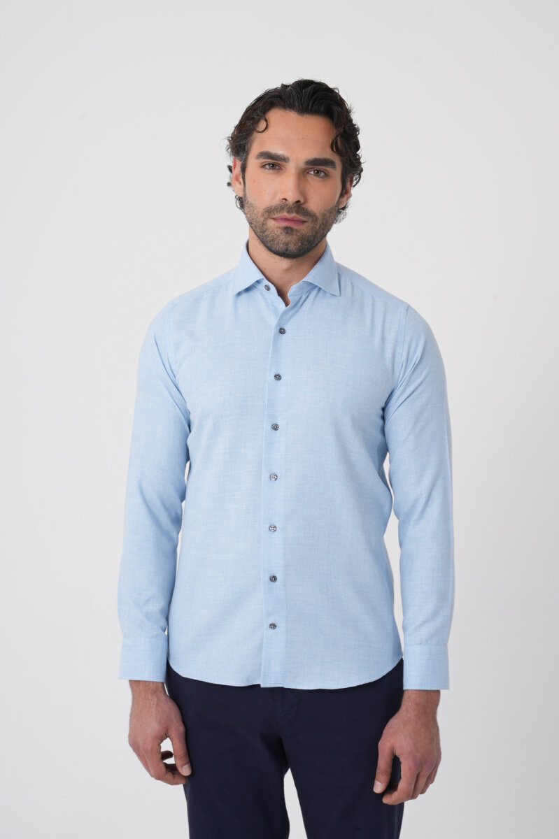 Regular Fit İtalyan Yaka Pamuk Mavi Erkek Gömlek