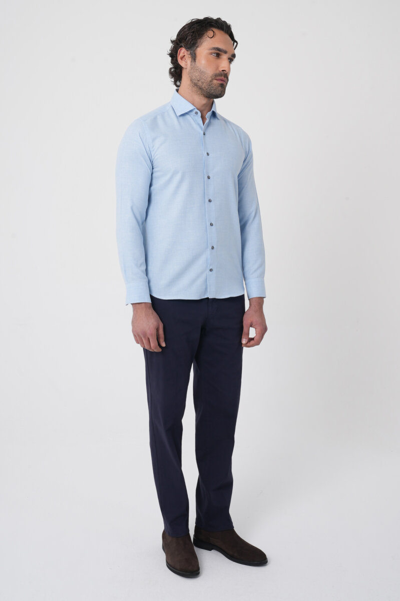 Regular Fit İtalyan Yaka Pamuk Mavi Erkek Gömlek - 4