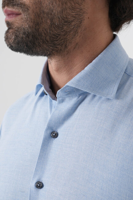 Regular Fit İtalyan Yaka Pamuk Mavi Erkek Gömlek - 7