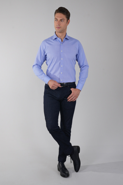 Regular Fit İtalyan Yaka Uzun Kol Pamuk Mavi Erkek Gömlek - 5