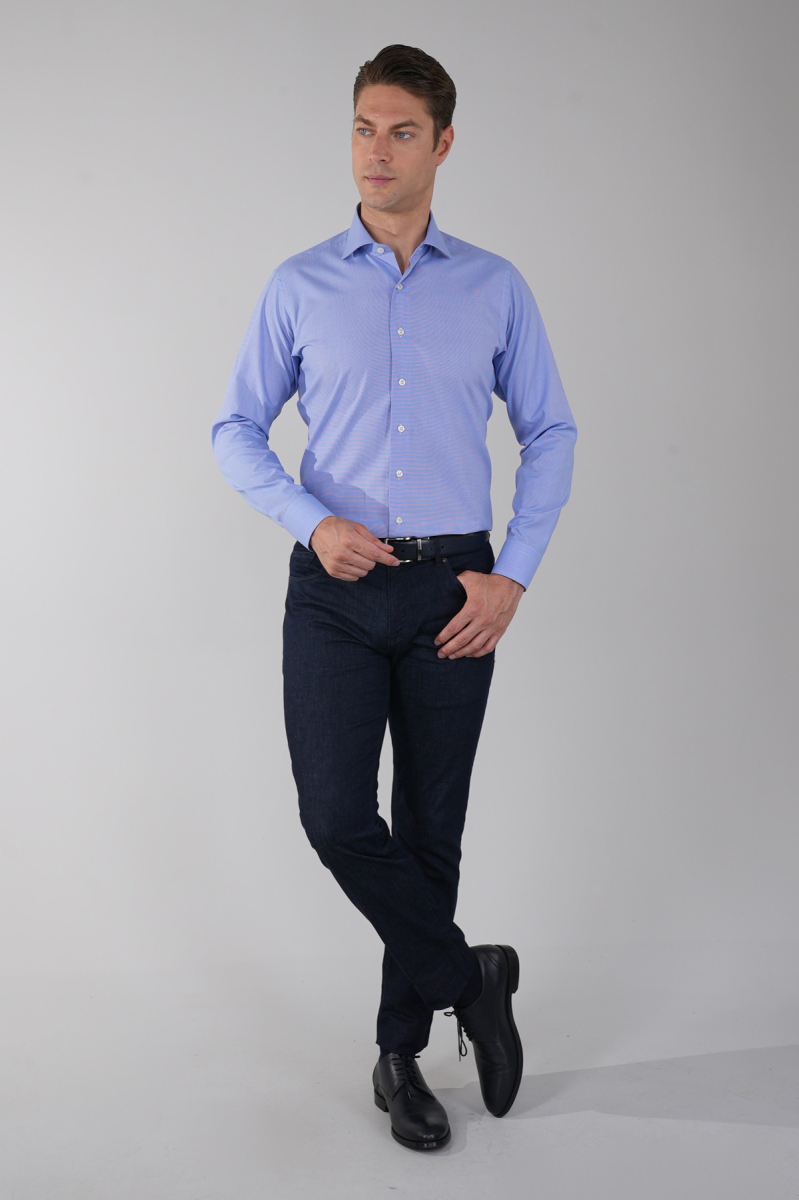 Regular Fit İtalyan Yaka Uzun Kol Pamuk Mavi Erkek Gömlek - 5