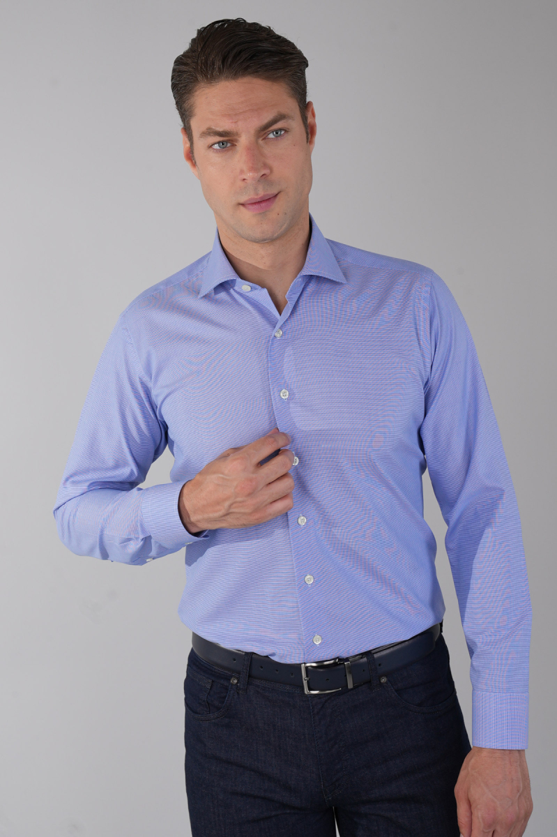 Regular Fit İtalyan Yaka Uzun Kol Pamuk Mavi Erkek Gömlek