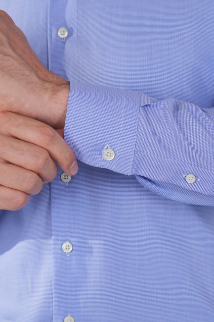 Regular Fit İtalyan Yaka Uzun Kol Pamuk Mavi Erkek Gömlek - 4