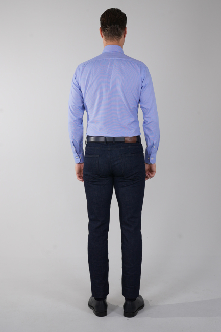 Regular Fit İtalyan Yaka Uzun Kol Pamuk Mavi Erkek Gömlek - 2