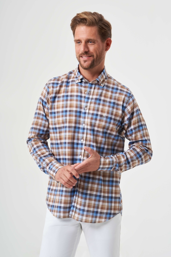 Regular Fit Kahve Paşa Yaka Ekoseli Spor Erkek Gömlek