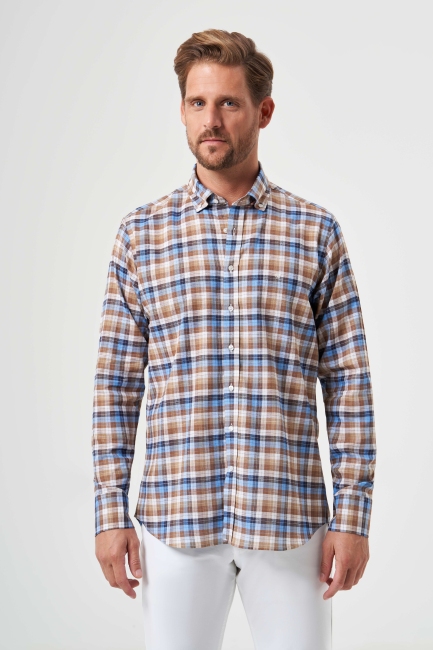 Regular Fit Kahve Paşa Yaka Ekoseli Spor Erkek Gömlek - 4