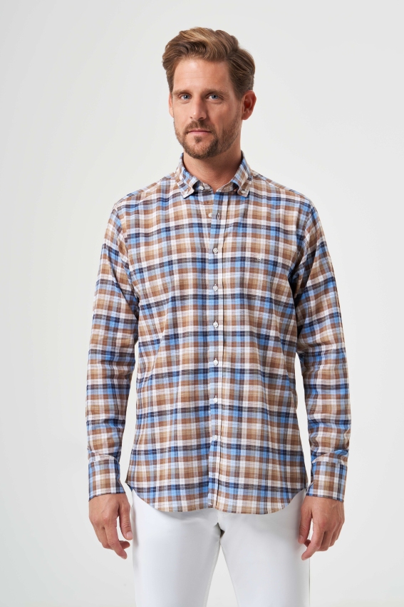 Regular Fit Kahve Paşa Yaka Ekoseli Spor Erkek Gömlek - 4