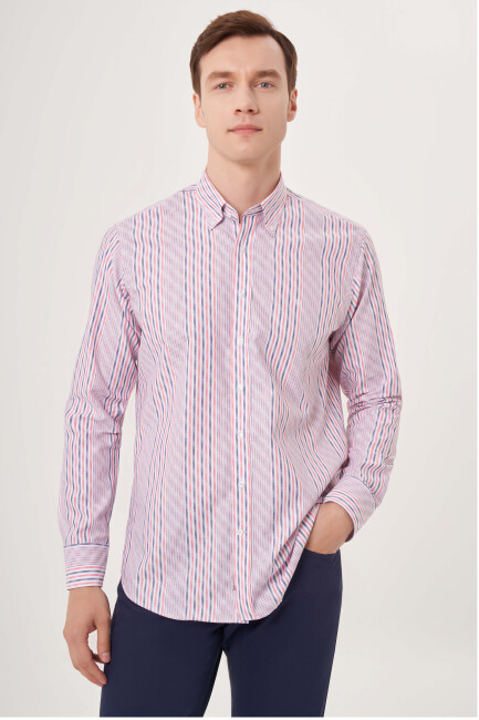 Regular Fit Kırmızı Çizgili Spor Erkek Gömlek 